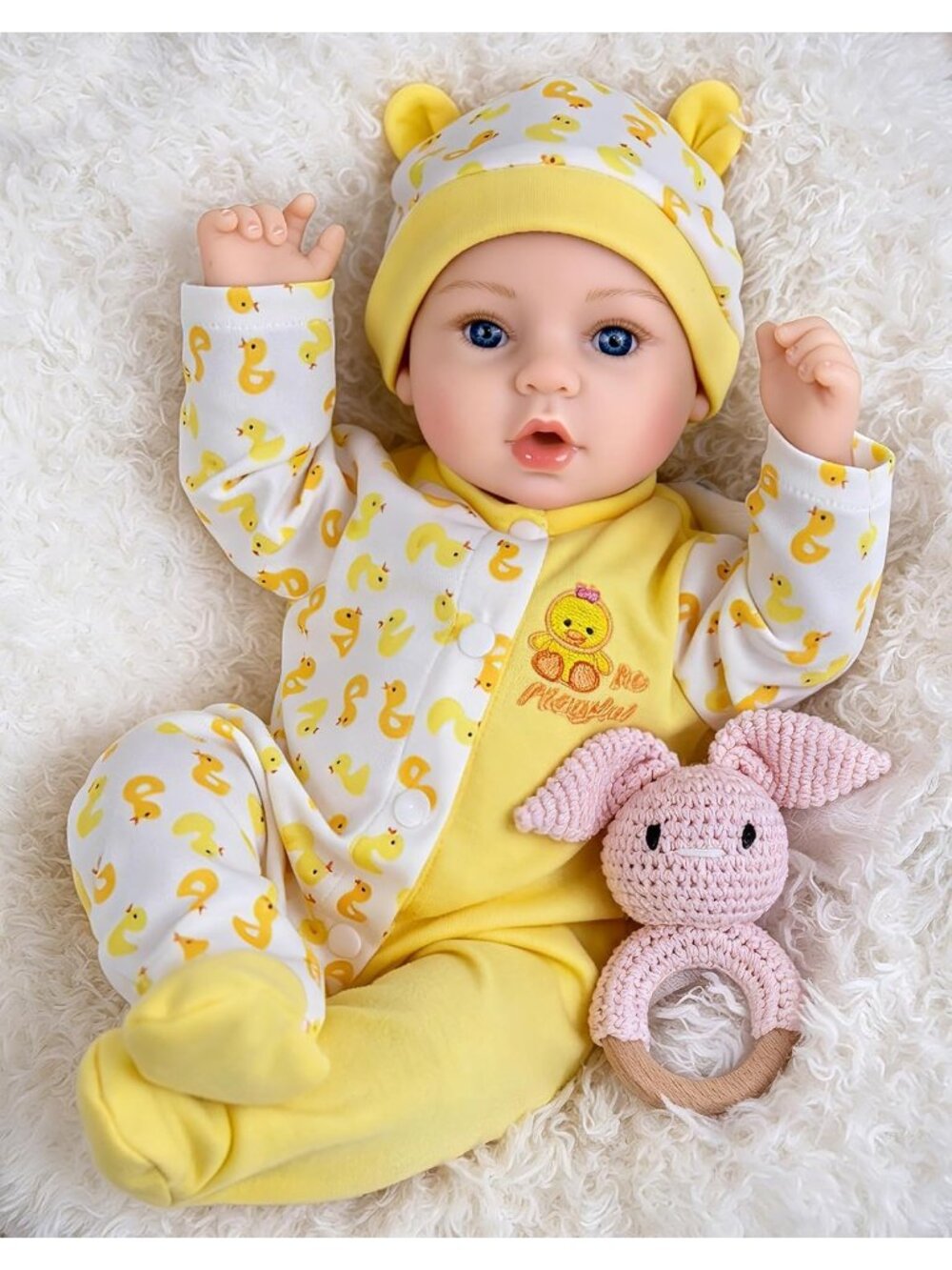 18 Inch Lifelike Newborn Girl Yellow Outfit with Soft Cloth Body and Feeding Set